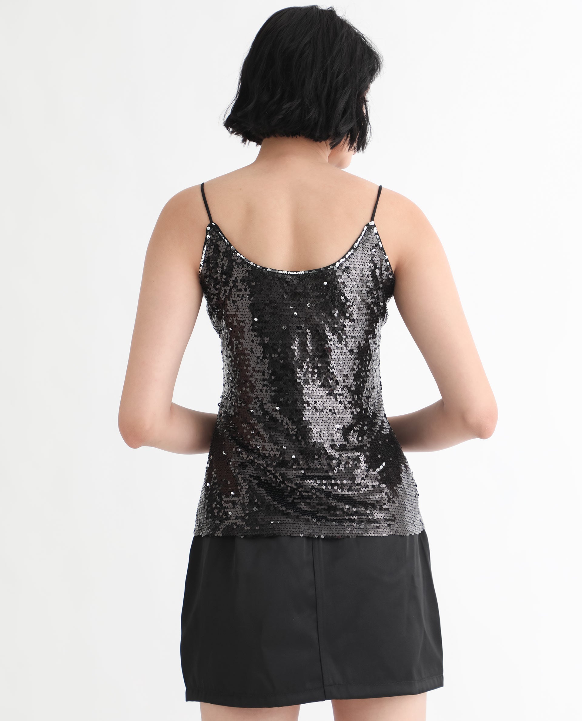 Rareism Women's Molly Sheen Black Polyester Collarless Sequined Shoulder Strap Regular Fit Top