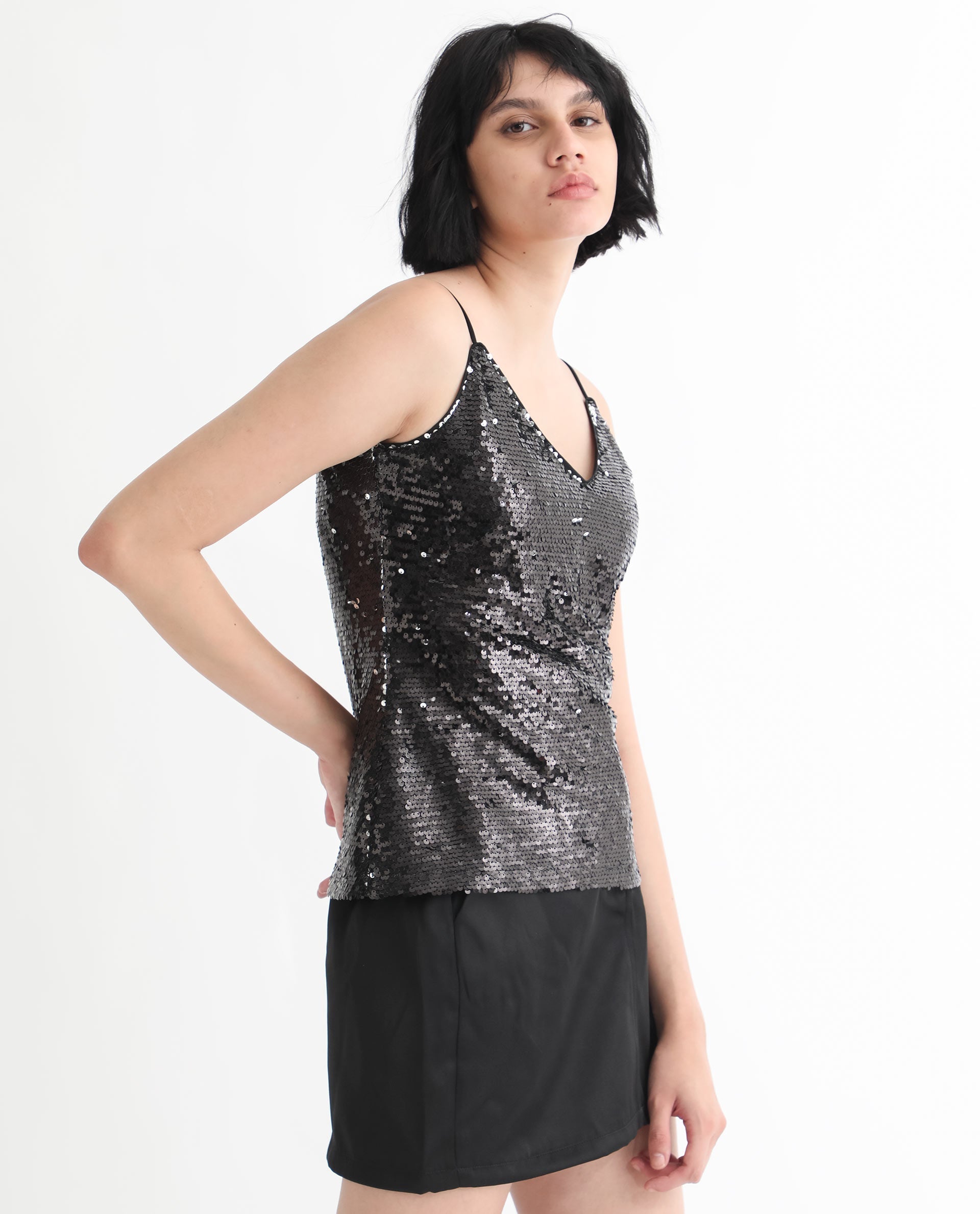 Rareism Women's Molly Sheen Black Polyester Collarless Sequined Shoulder Strap Regular Fit Top