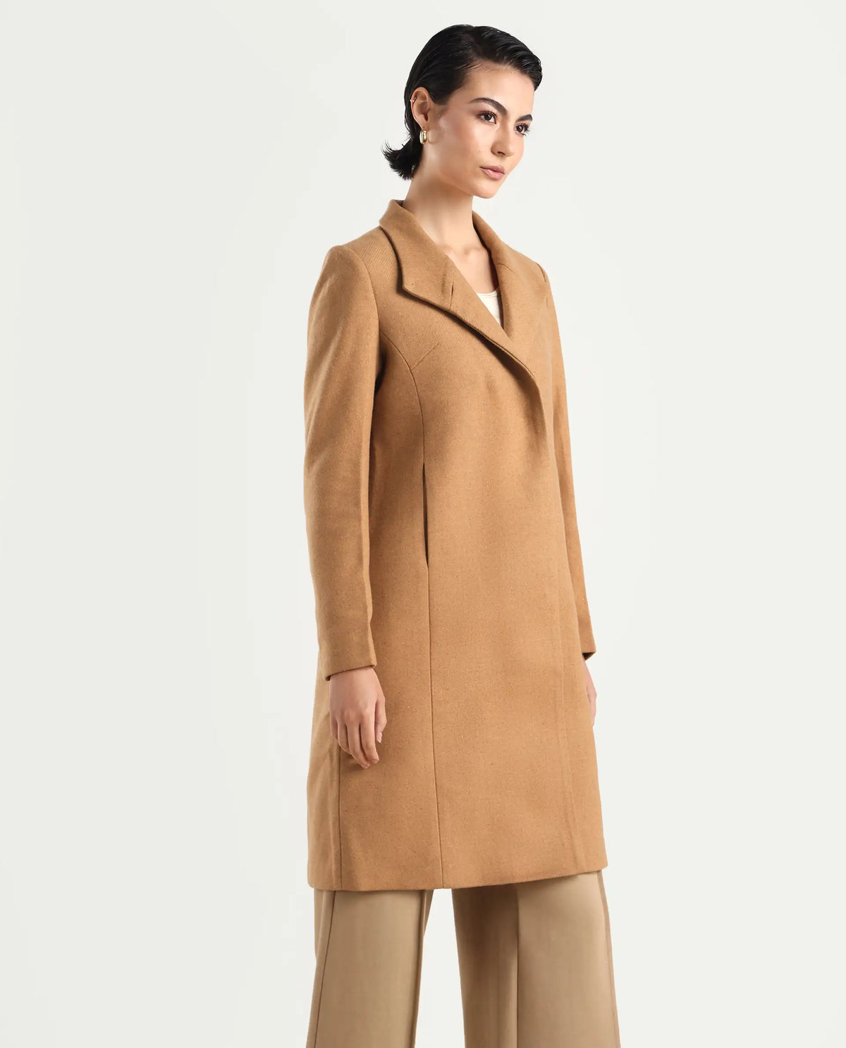 Rareism Women's Monch Beige Overlap Neck Plain Midi Boxy Fit Coat