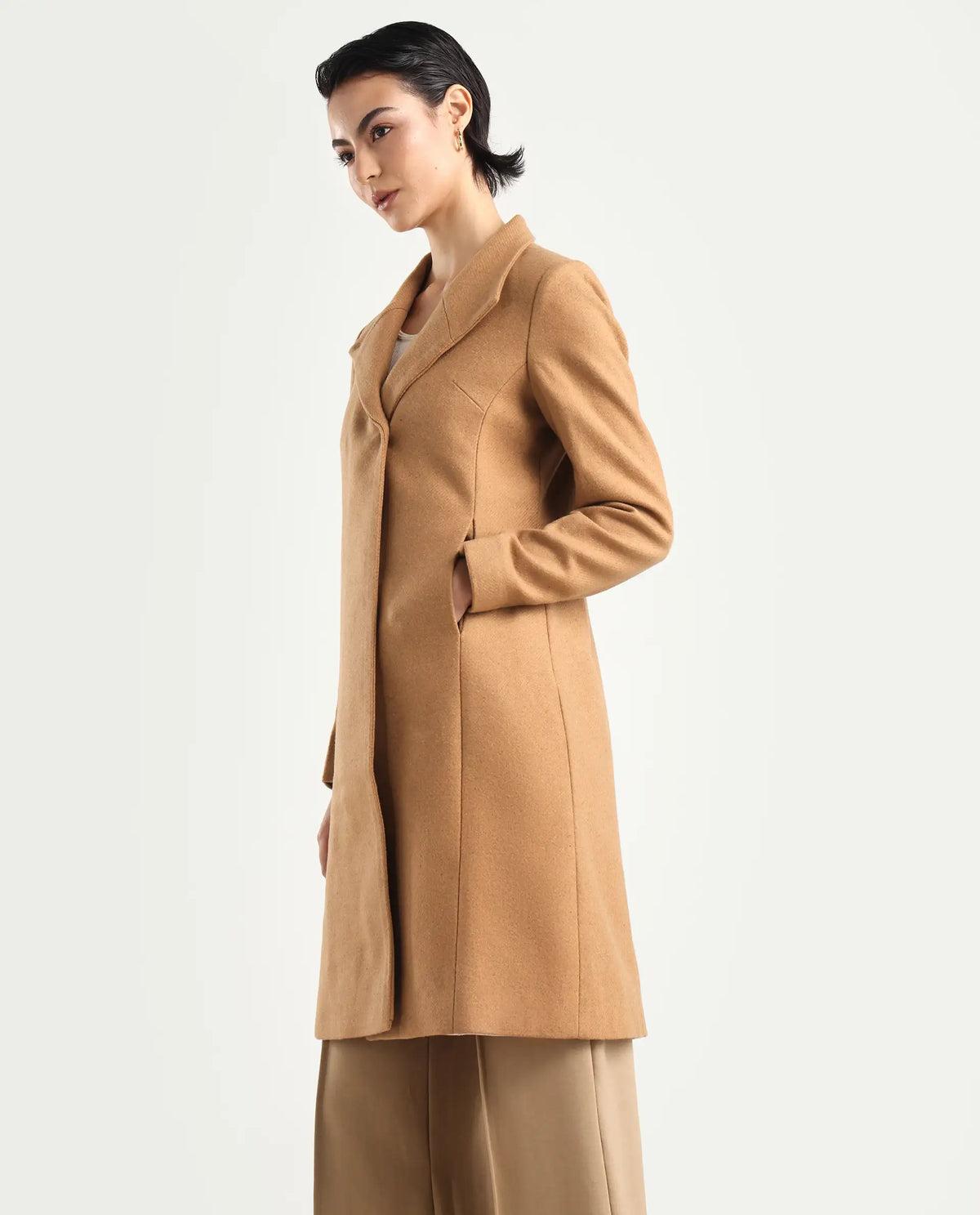 Rareism Women's Monch Beige Overlap Neck Plain Midi Boxy Fit Coat