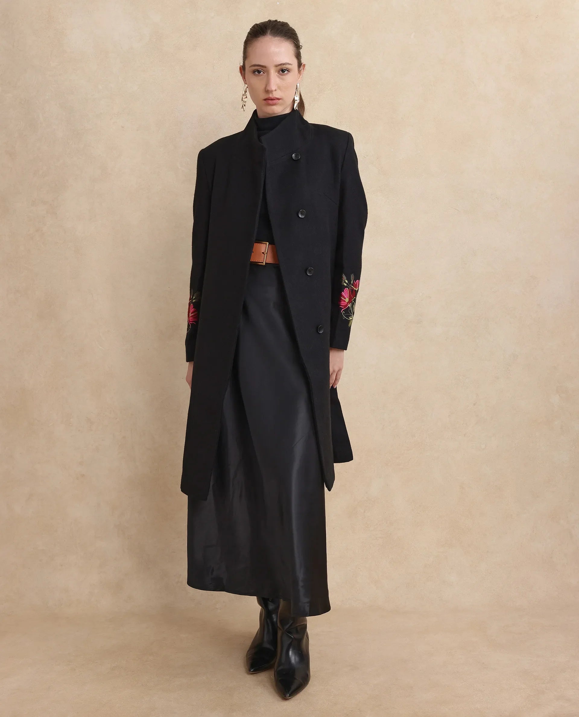 Rareism Women's Monch Black Overlap Neck Plain Midi Straight Fit Jacket