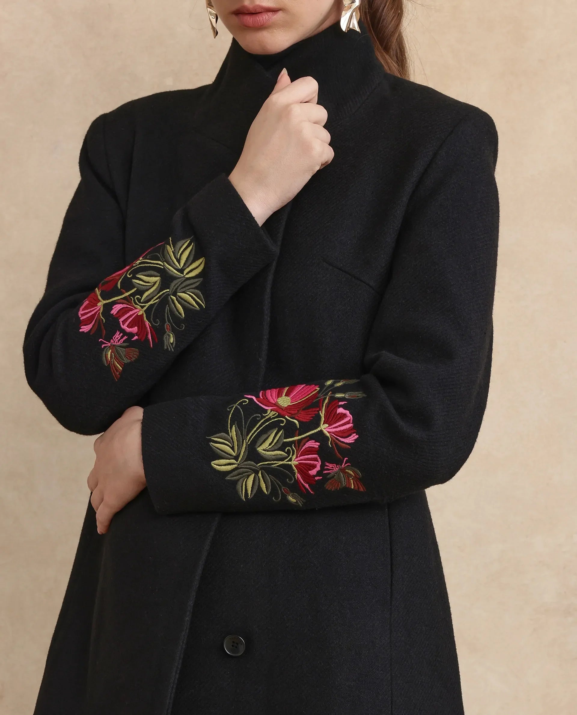 Rareism Women's Monch Black Overlap Neck Plain Midi Straight Fit Jacket