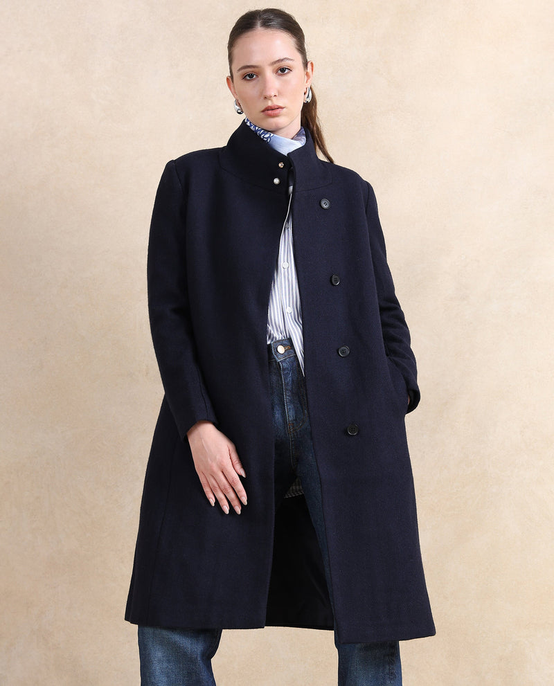 Rareism Women Monch Navy Over Lap Neck Midi Jacket