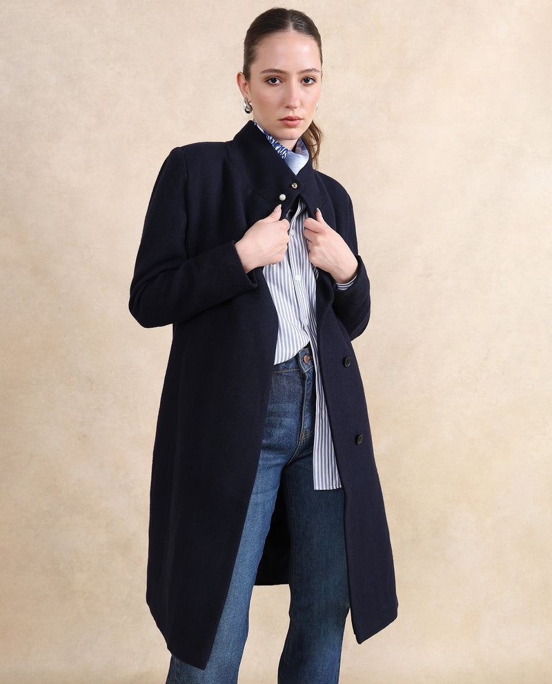 Rareism Women Monch Navy Over Lap Neck Midi Jacket