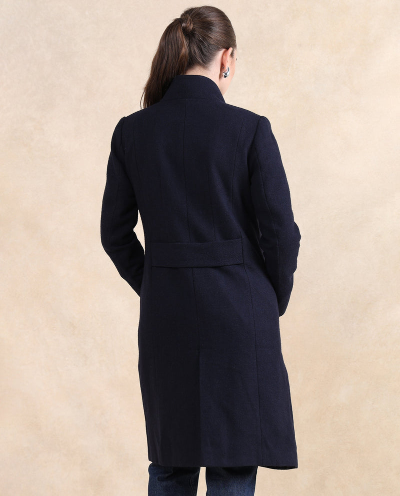 Rareism Women Monch Navy Over Lap Neck Midi Jacket