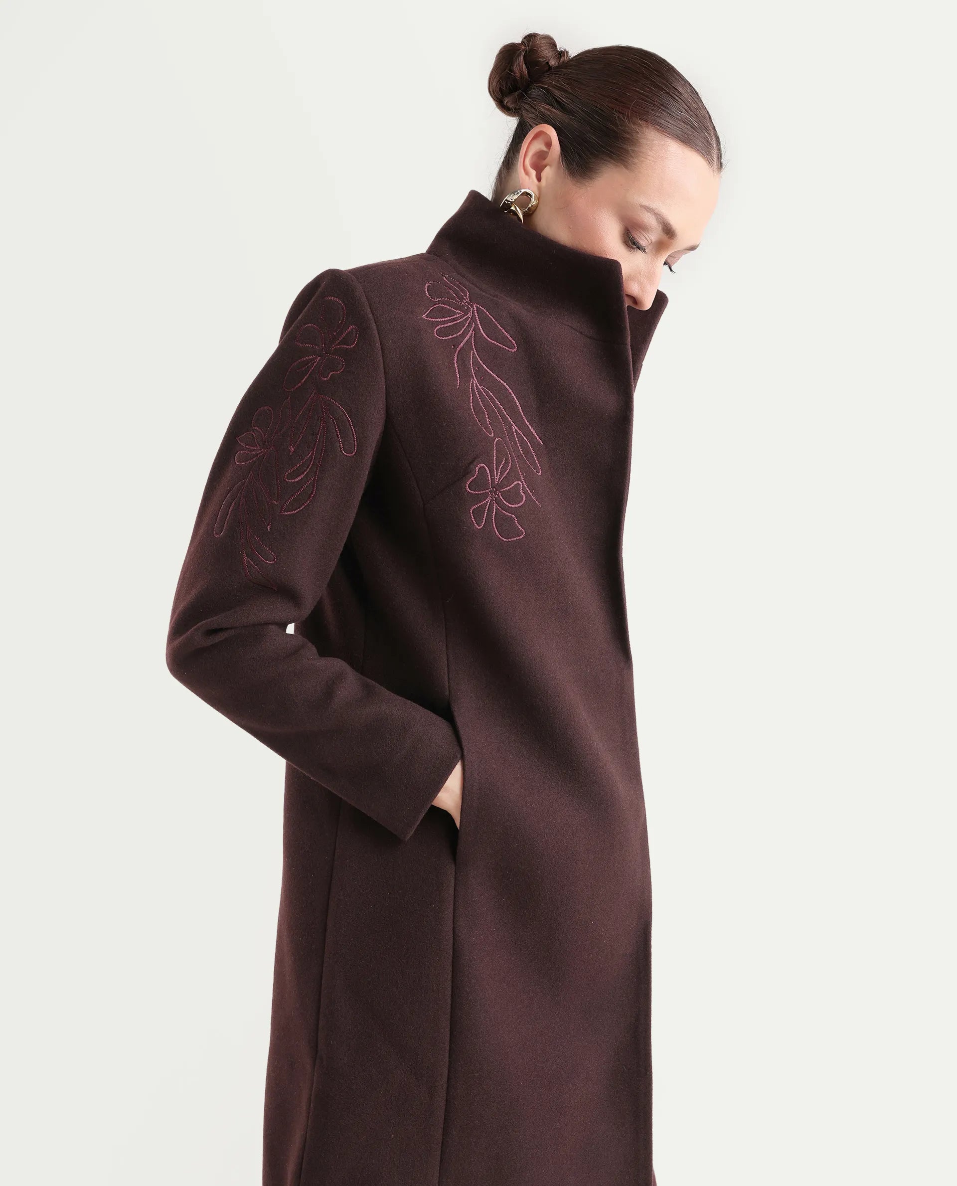 Rareism Women's Monchy Prune Polyester Blend High Neck Regular Fit Coat