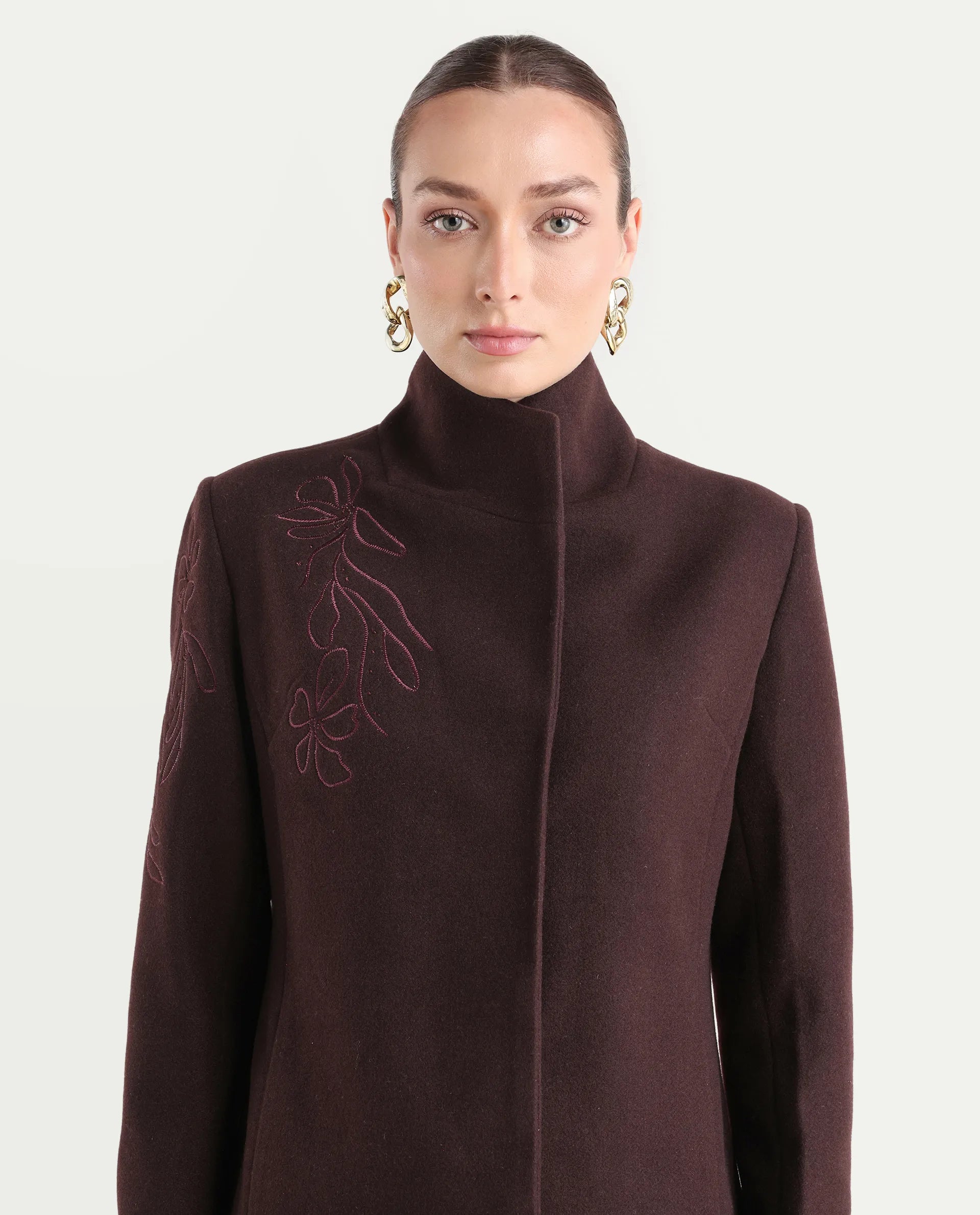 Rareism Women's Monchy Prune Polyester Blend High Neck Regular Fit Coat