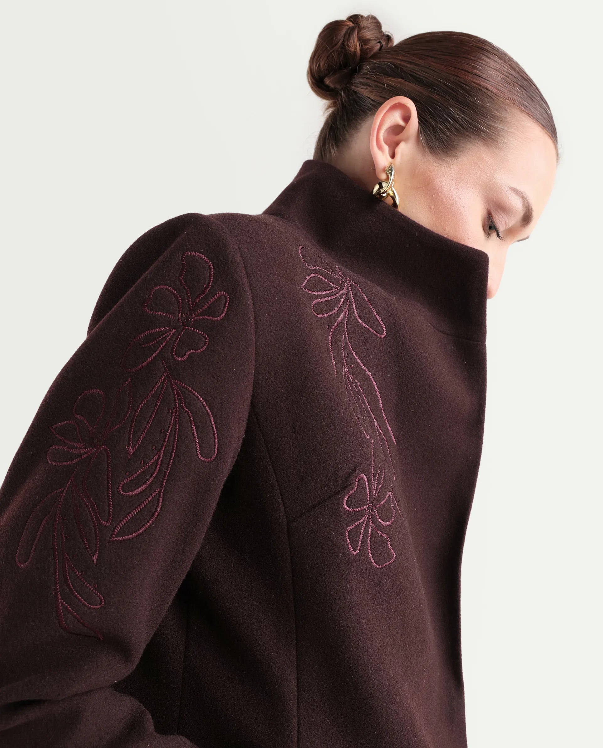 Rareism Women's Monchy Prune Polyester Blend High Neck Regular Fit Coat