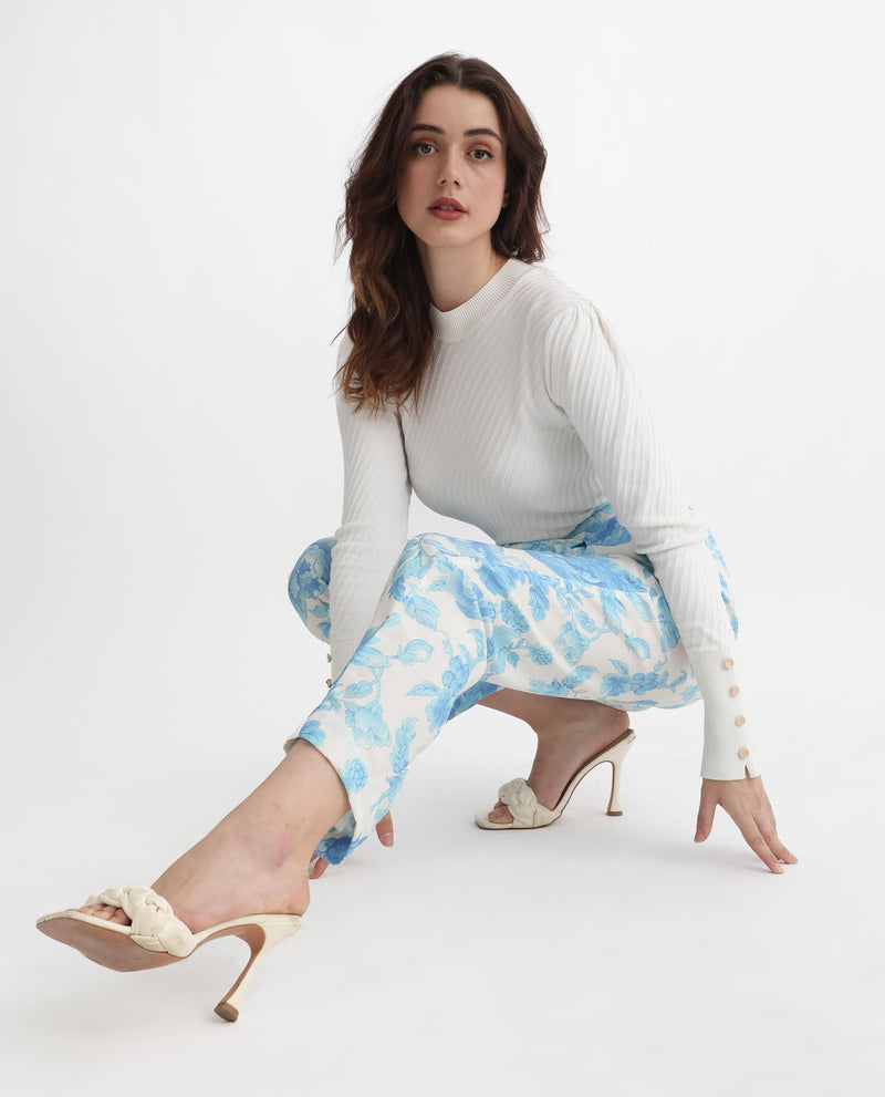 Rareism Women Mongo Light Blue Polyester Fabric Relaxed Fit Floral Print Ankle Length Trousers