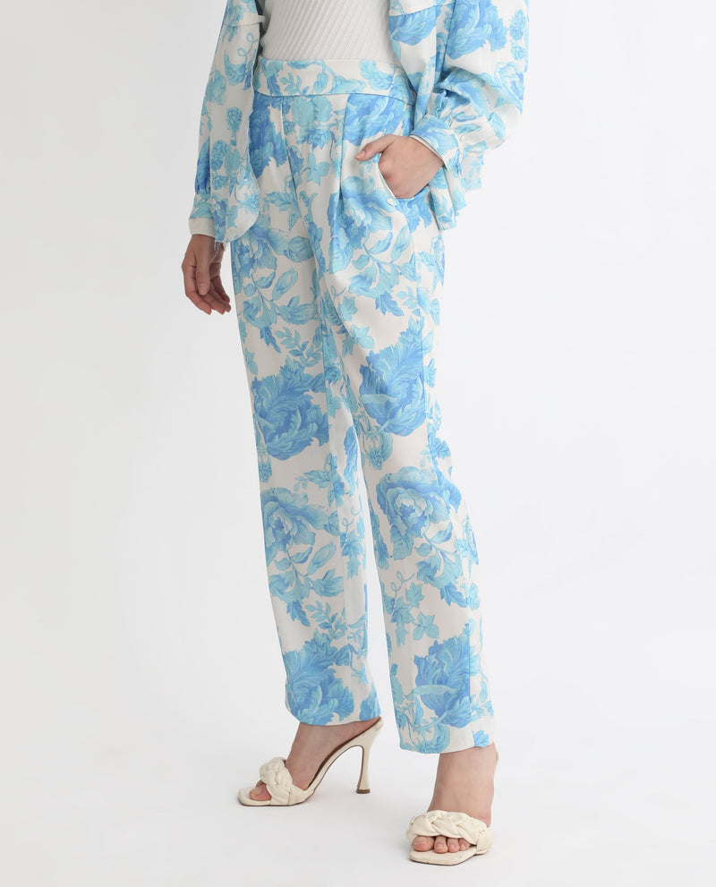 Rareism Women Mongo Light Blue Polyester Fabric Relaxed Fit Floral Print Ankle Length Trousers