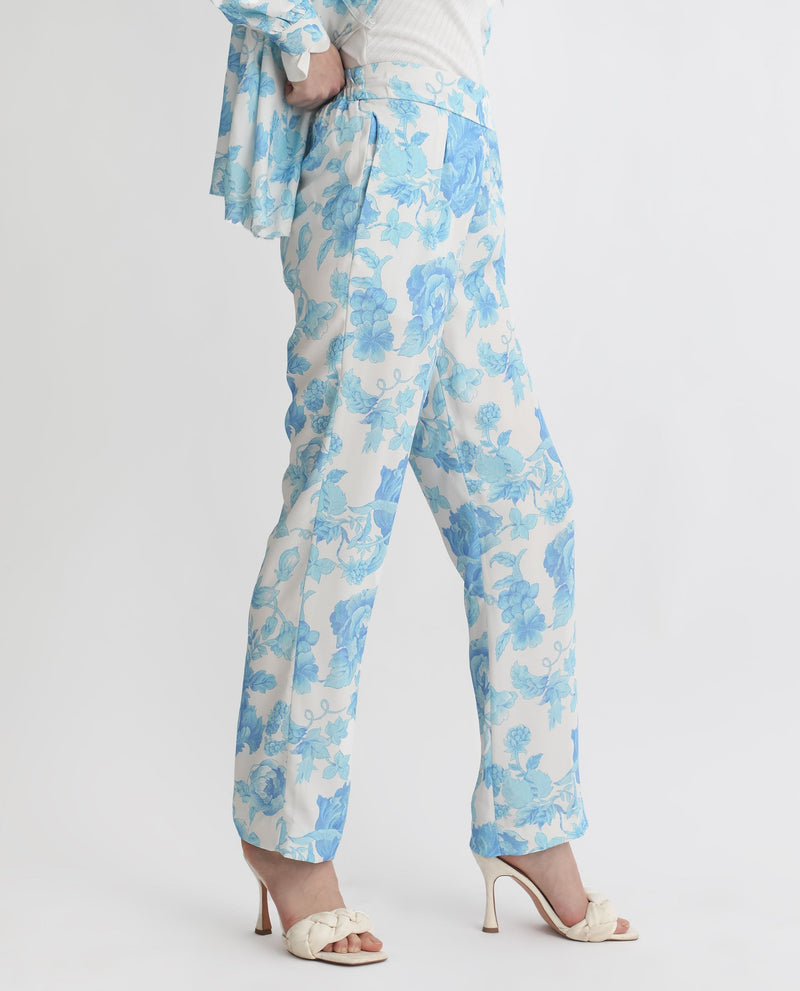 Rareism Women Mongo Light Blue Polyester Fabric Relaxed Fit Floral Print Ankle Length Trousers