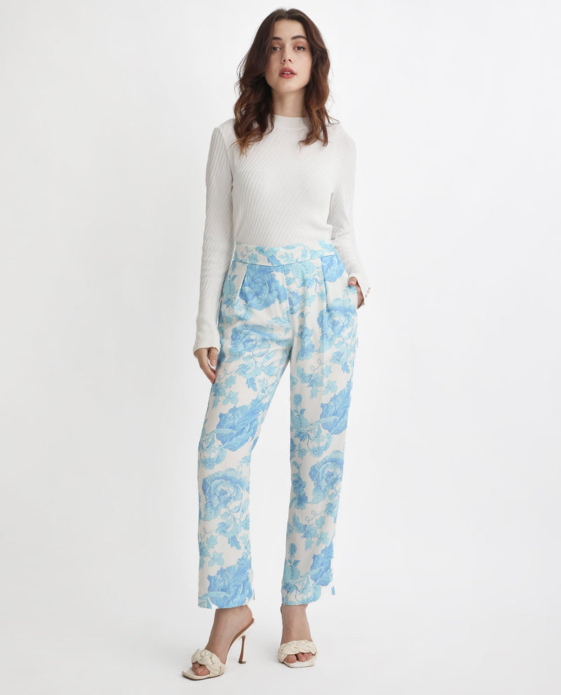 Rareism Women Mongo Light Blue Polyester Fabric Relaxed Fit Floral Print Ankle Length Trousers