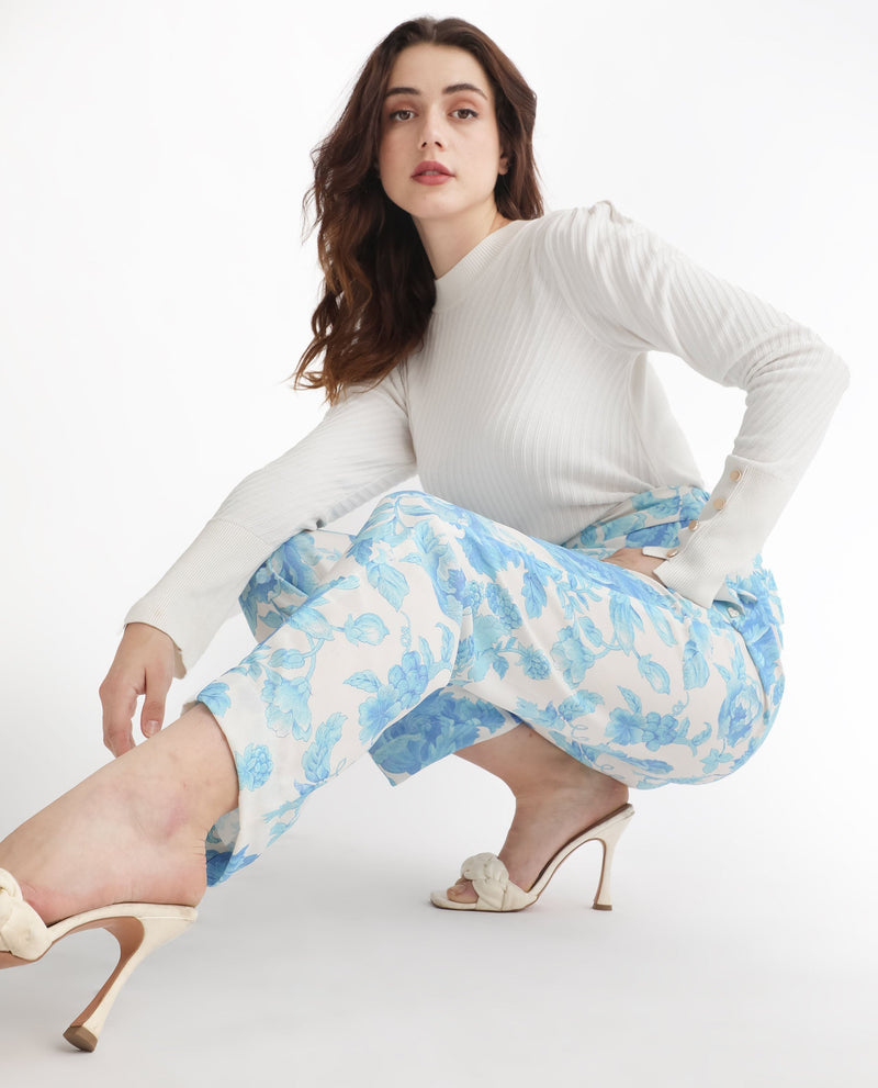 Rareism Women Mongo Light Blue Polyester Fabric Relaxed Fit Floral Print Ankle Length Trousers