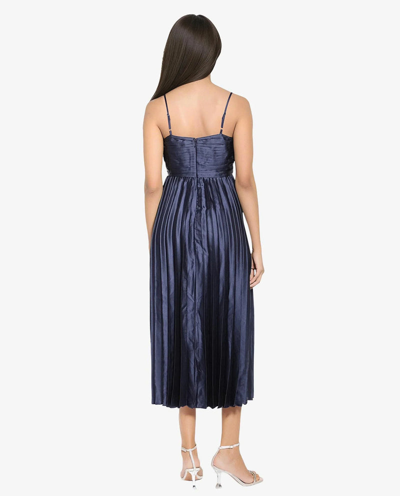 Rareism Women Montreal Metallic Navy Polyester Fabric Noodle Straps Plain Dress