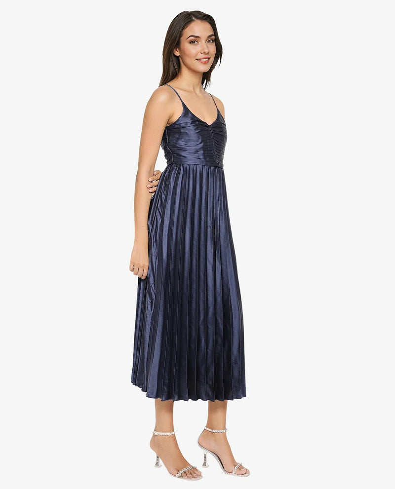 Rareism Women Montreal Metallic Navy Polyester Fabric Noodle Straps Plain Dress