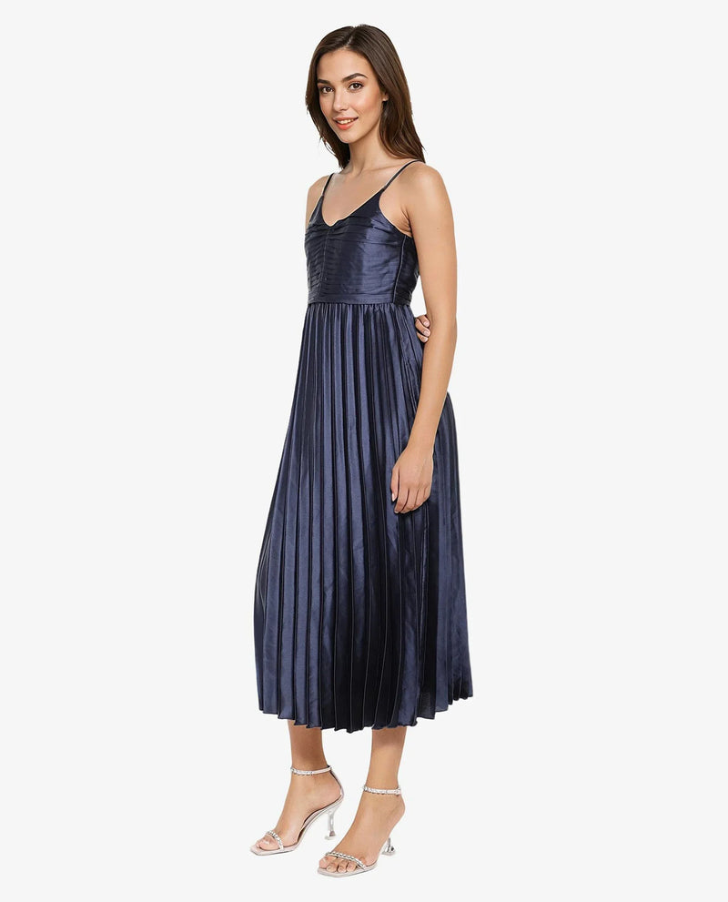 Rareism Women Montreal Metallic Navy Polyester Fabric Noodle Straps Plain Dress