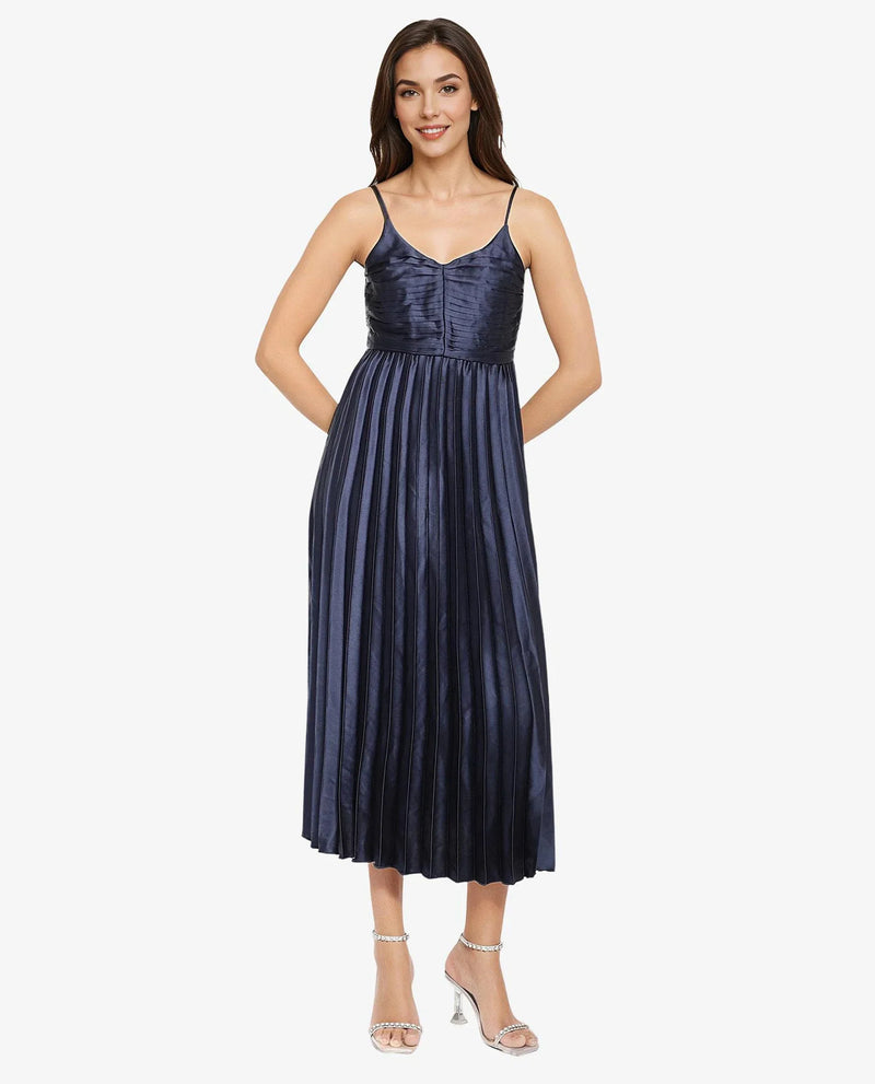 Rareism Women Montreal Metallic Navy Polyester Fabric Noodle Straps Plain Dress