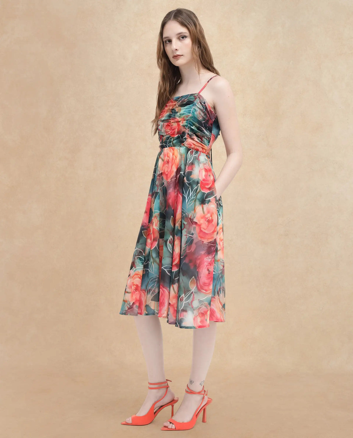 Rareism Women Monza Dark Multi Shoulder Straps Shoulder Straps Zipper Closure Fit And Flare Floral Print Midi Dress