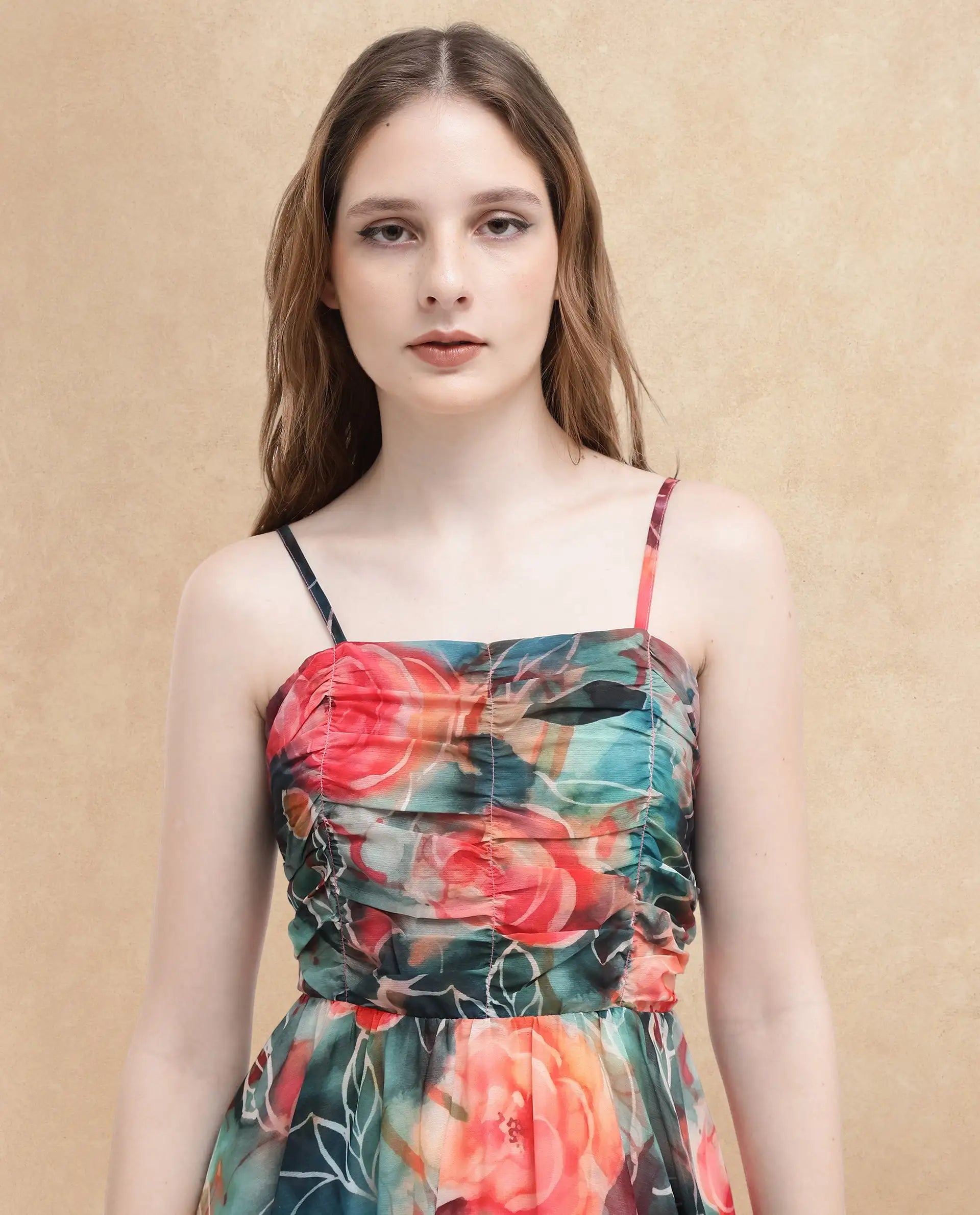 Rareism Women's Monza Sc Dark Multi Cotton Shoulder Strap Floral Print Shoulder Strap Midi Fit And Flare Dress