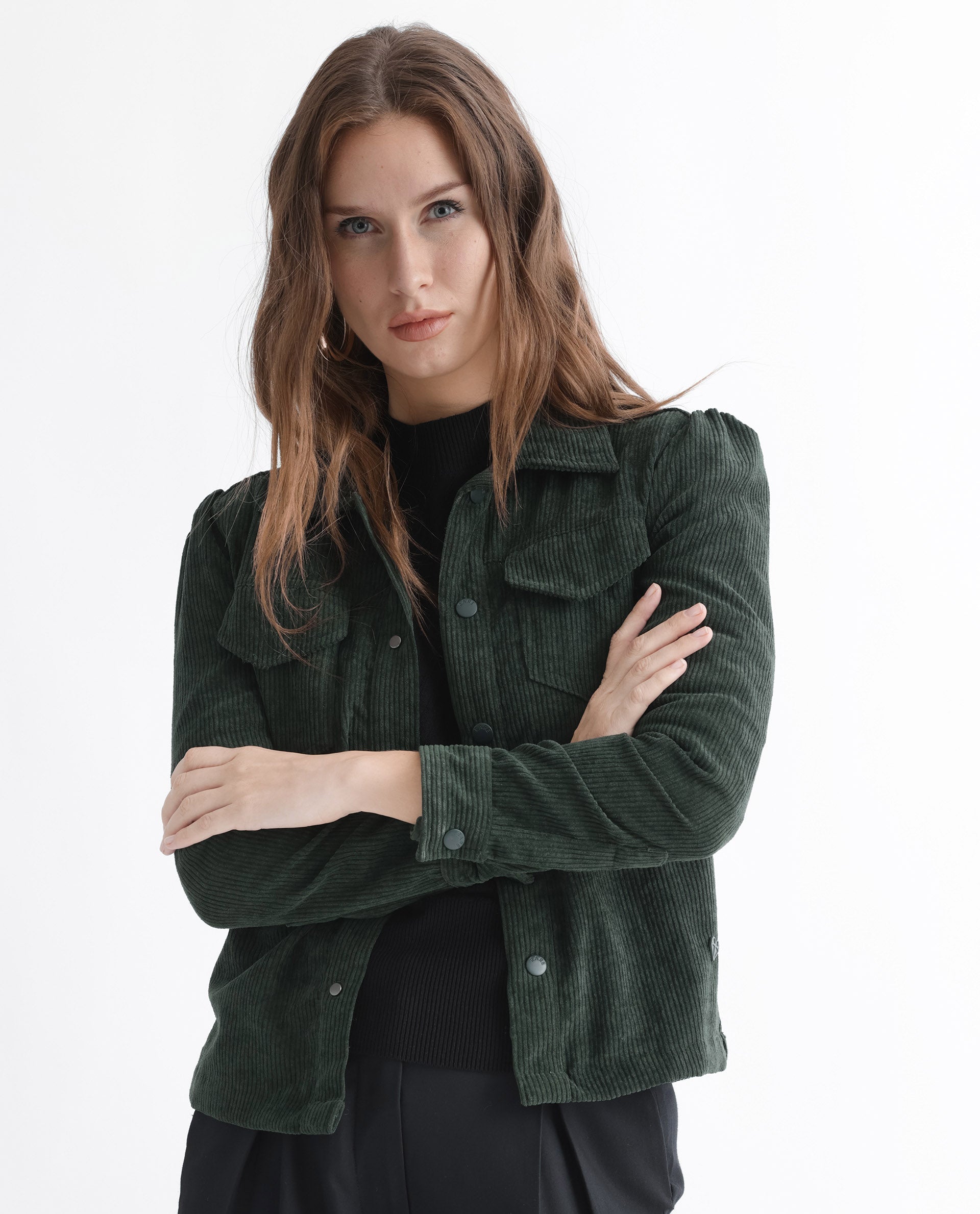 Rareism Women Mooney Green Polyester Fabric Full Sleeves Solid Shirt Collar Jacket