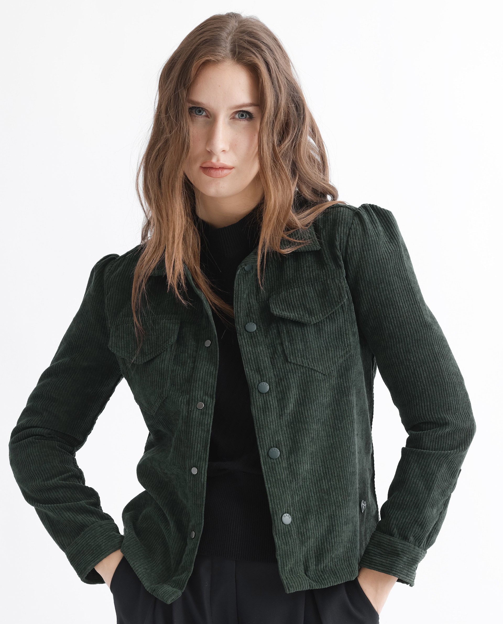 Rareism Women Mooney Green Polyester Fabric Full Sleeves Solid Shirt Collar Jacket