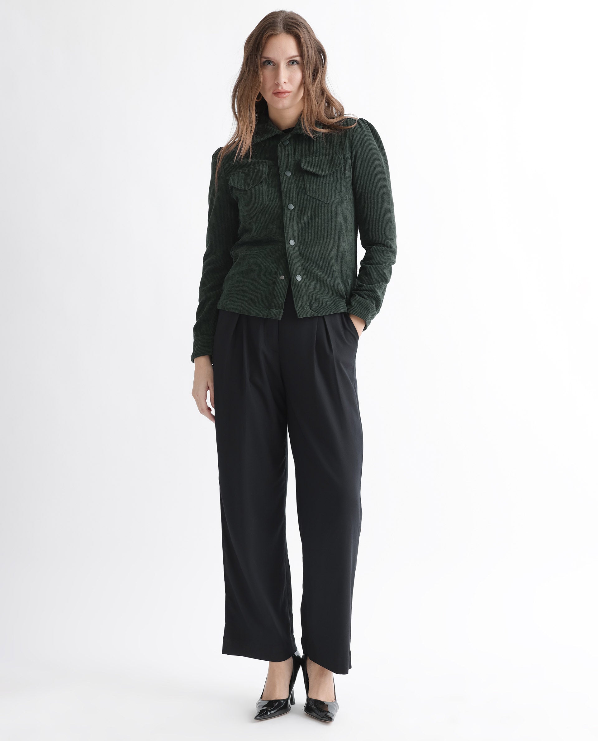 Rareism Women Mooney Green Polyester Fabric Full Sleeves Solid Shirt Collar Jacket