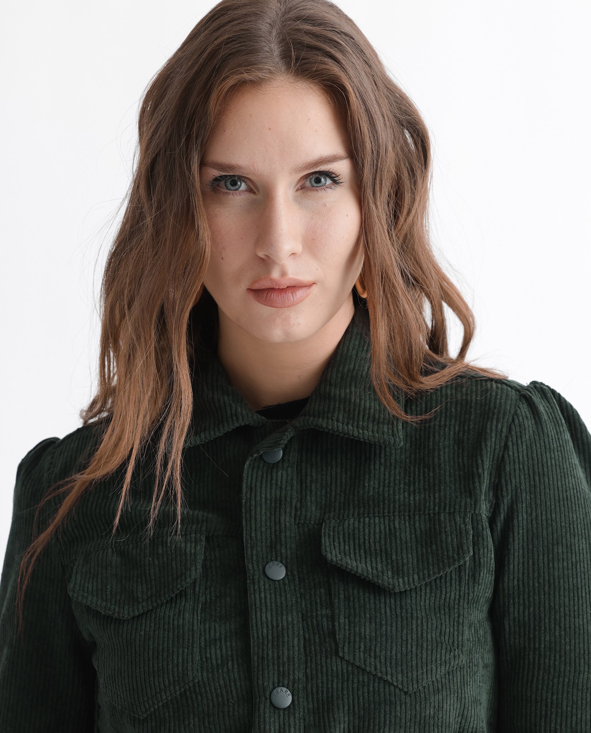 Rareism Women Mooney Green Polyester Fabric Full Sleeves Solid Shirt Collar Jacket