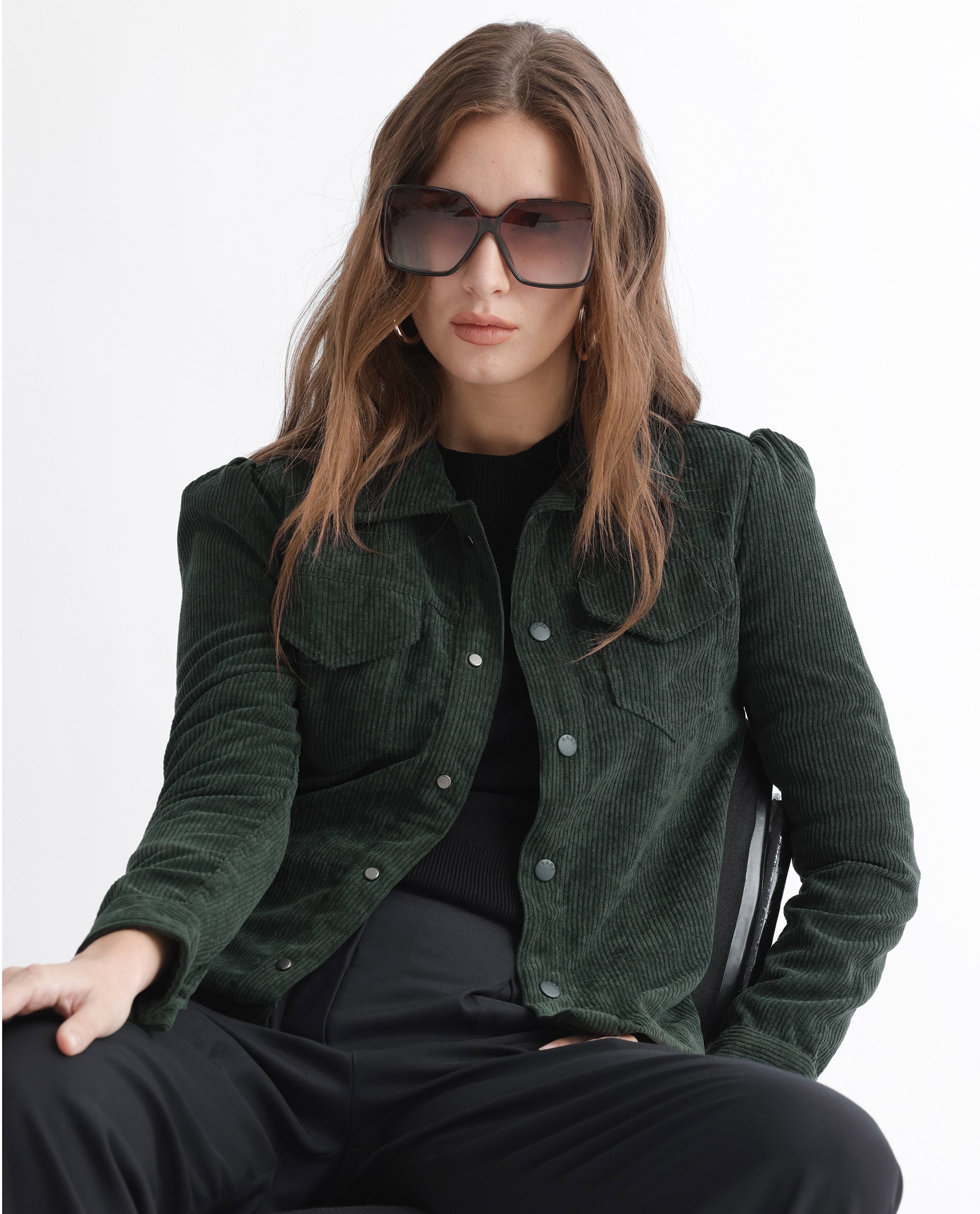 Rareism Women Mooney Green Polyester Fabric Full Sleeves Solid Shirt Collar Jacket