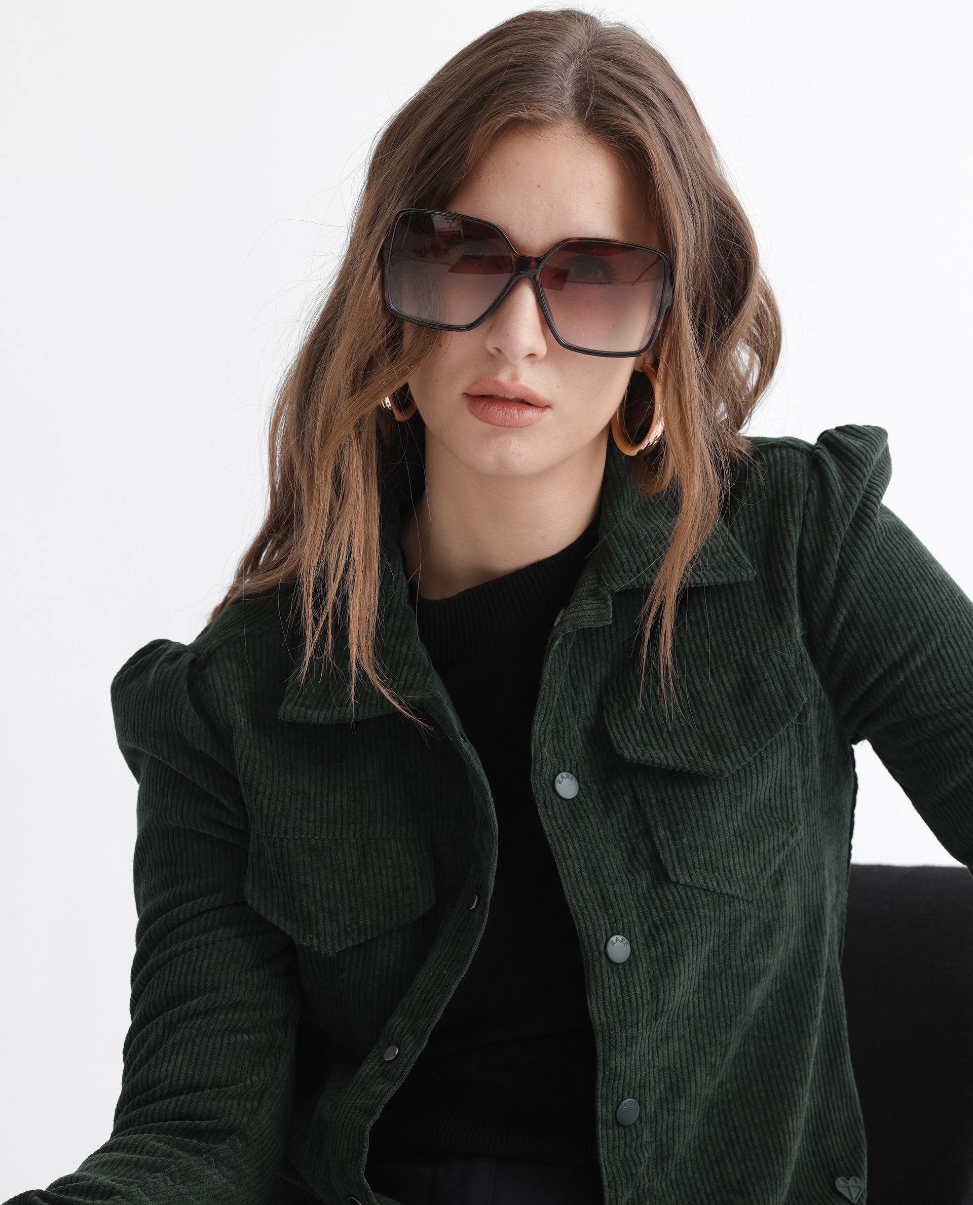 Rareism Women Mooney Green Polyester Fabric Full Sleeves Solid Shirt Collar Jacket