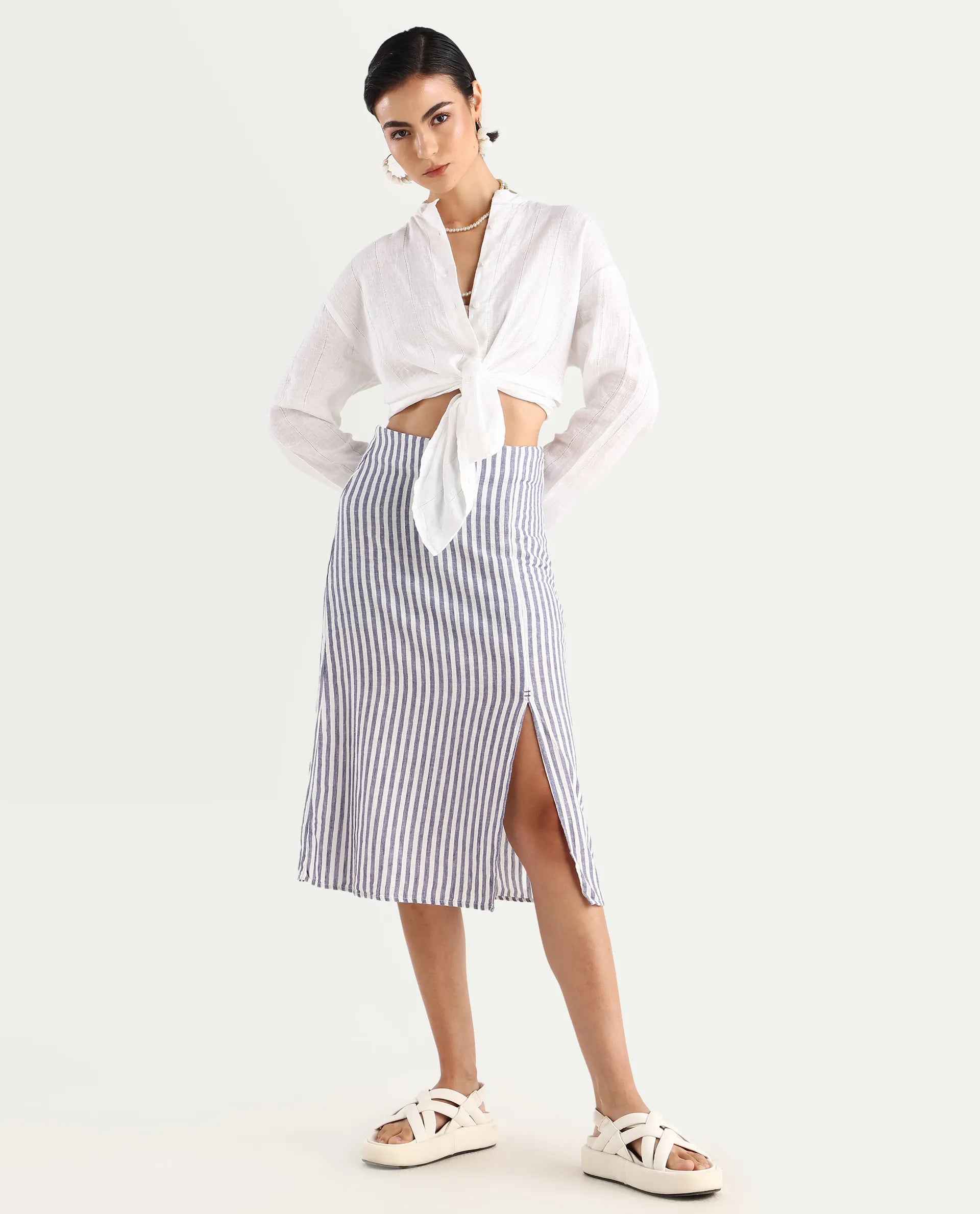 Rareism Women's Moonly Blue Linen Striped Midi Slim Fit Skirt