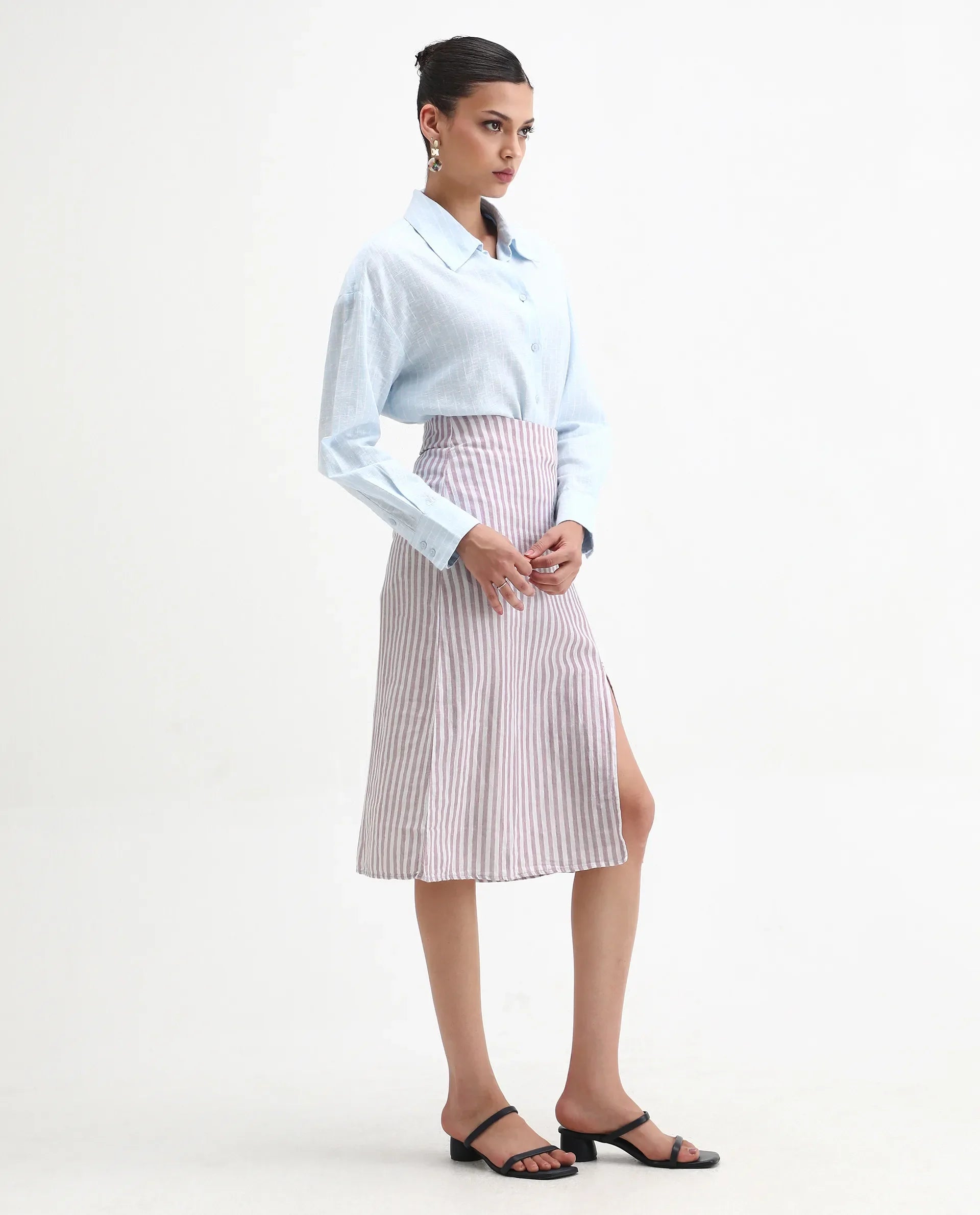 Rareism Women's Moonly Lilac Linen Striped Midi Slim Fit Skirt