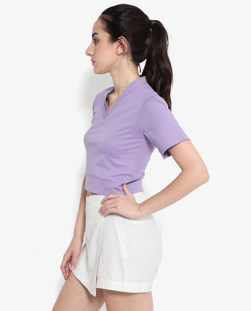 Rareism Women Moonray Light Purple Cotton Fabric Regular Sleeves V-Neck Knit Plain Top