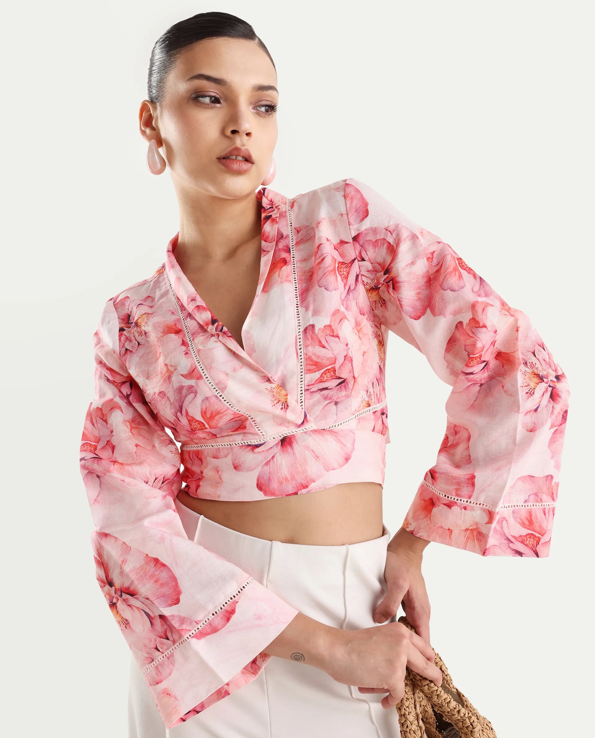 Rareism Women's Moral Pink Cotton Blend Shawl Collar Floral Print Bell Sleeve Crop Regular Fit Shrug