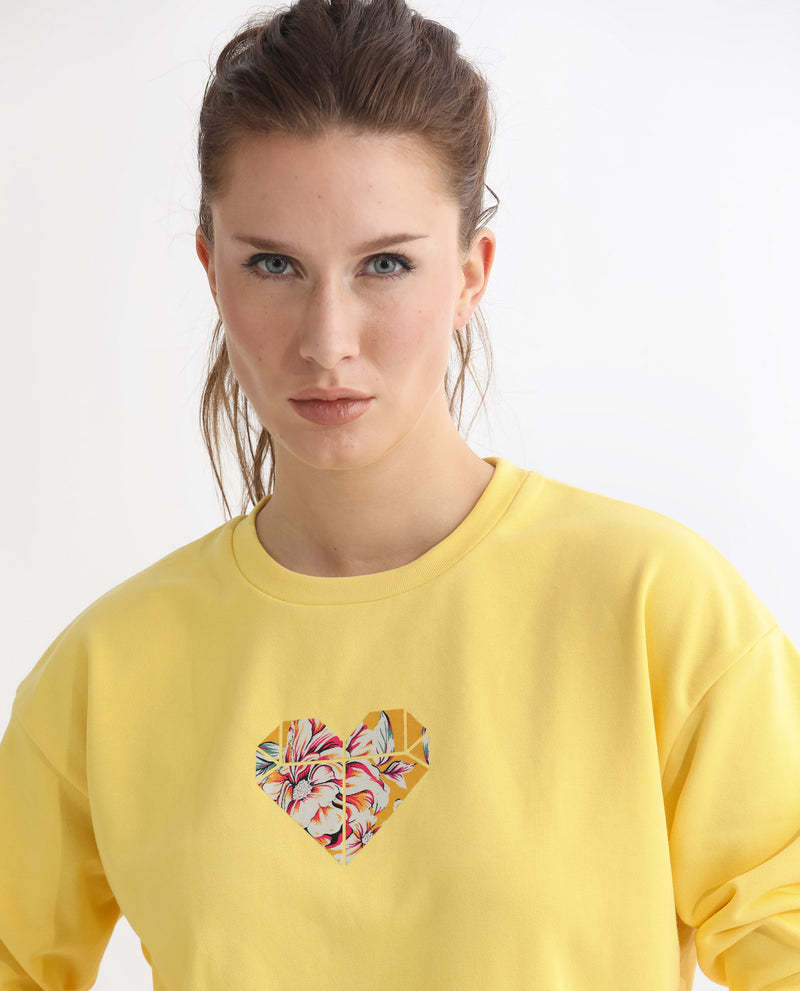 Rareism Women'S Morin Yellow Poly Cotton Fabric Full Sleeves Crew Neck Cuffed Sleeve Regular Fit Graphic Print Sweatshirt