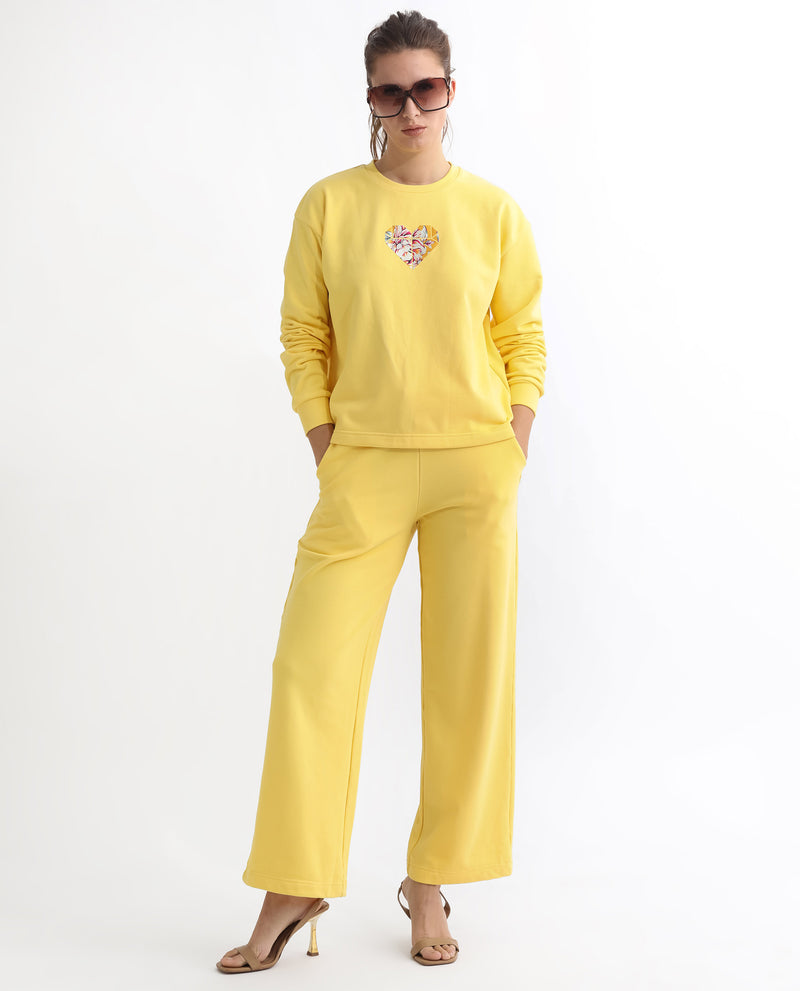 Rareism Women'S Morin Yellow Poly Cotton Fabric Full Sleeves Crew Neck Cuffed Sleeve Regular Fit Graphic Print Sweatshirt