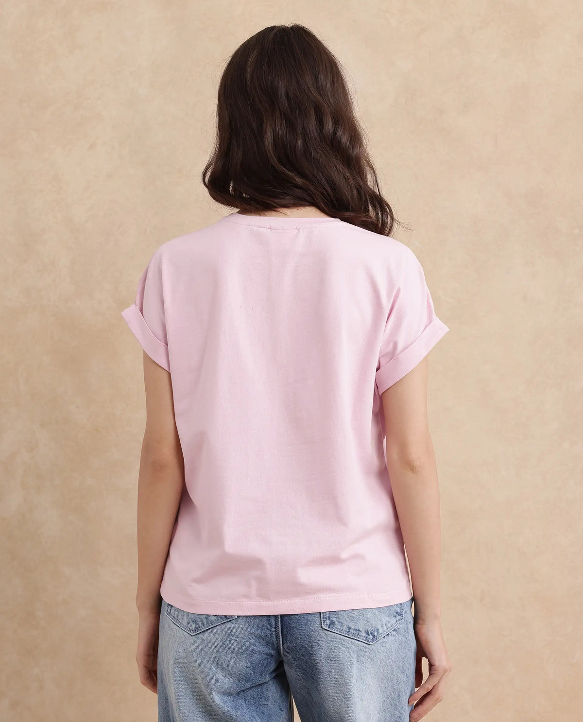 Rareism Women Moxie Light Pink Cotton Blend Fabric Extended Sleeves Crew Neck Relaxed Fit Graphic Print T-Shirt
