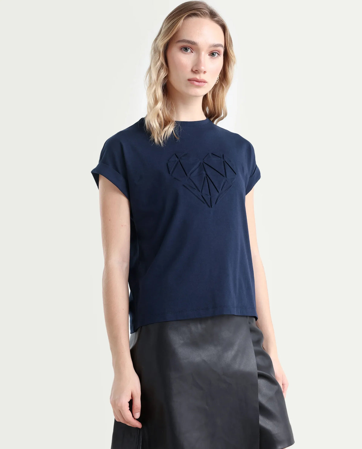 Rareism Women's Moxie Navy Cotton Blend Crew Neck Graphic Print Extended Sleeves Relaxed Fit T-Shirt