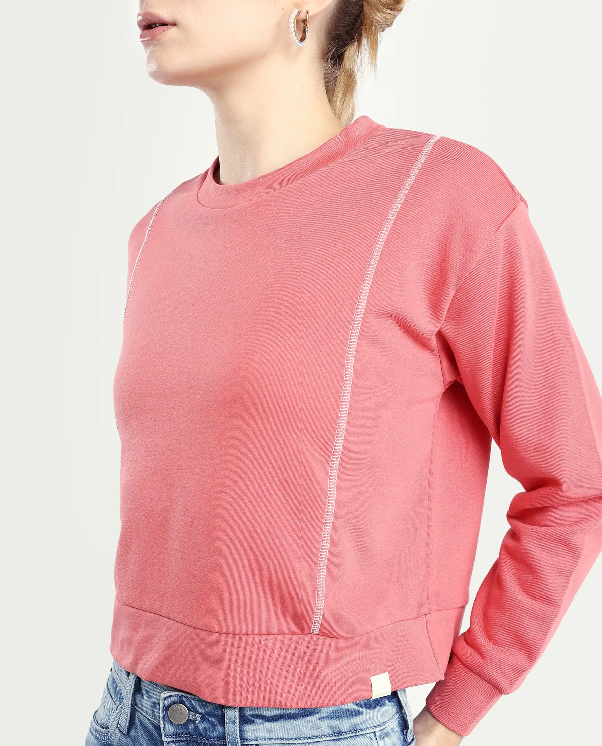 Rareism Women's Moye Pastel Red Cotton Blend Crew Neck Plain Relaxed Fit Sweatshirt