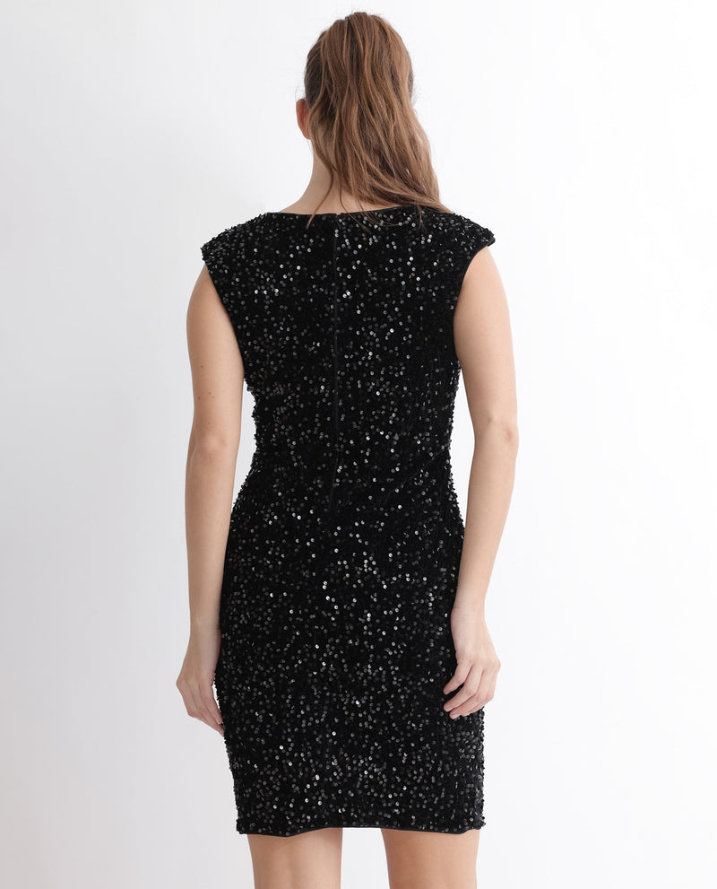 Rareism Women Mulan Sheen Black Round Neck Sleeveless Sequin Party Mini Dress