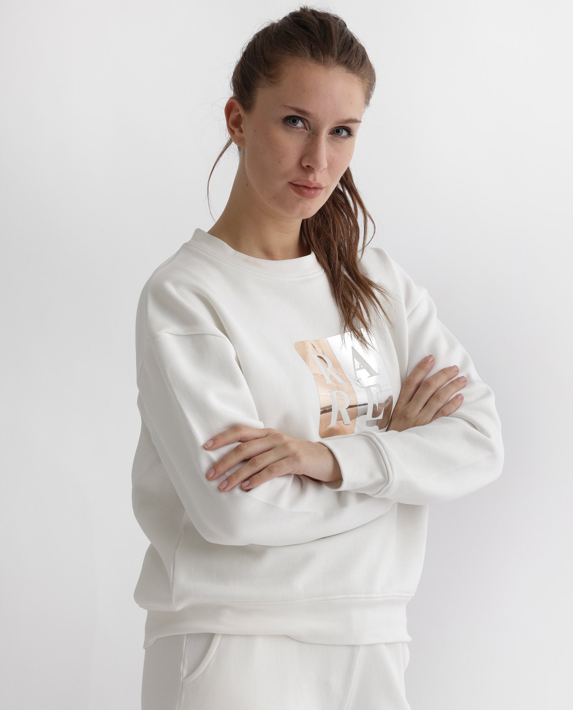 Rareism Women's Keith Off White Polyester Blend Crew Neck Graphic Print Relaxed Fit Sweatshirt