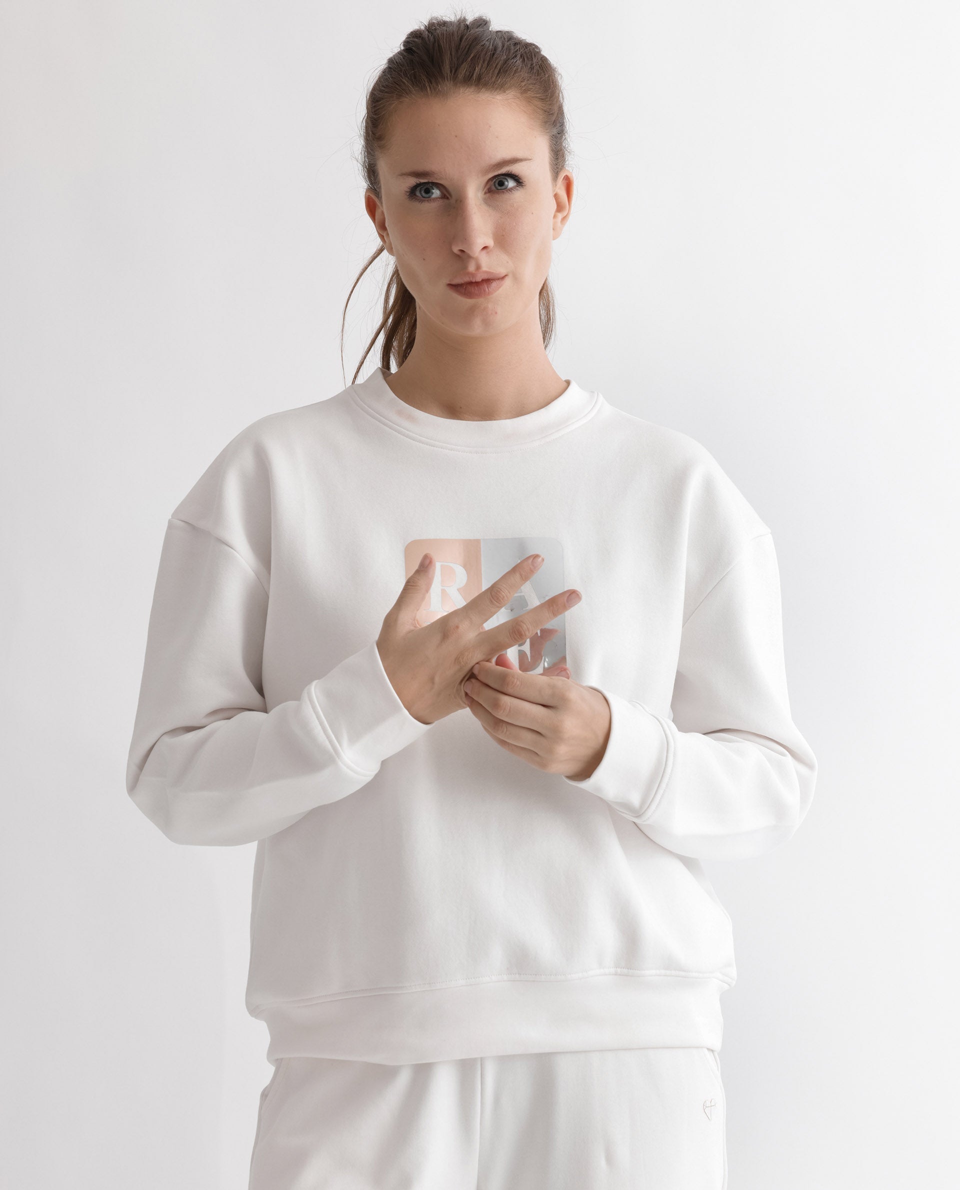 Rareism Women's Keith Off White Polyester Blend Crew Neck Graphic Print Relaxed Fit Sweatshirt