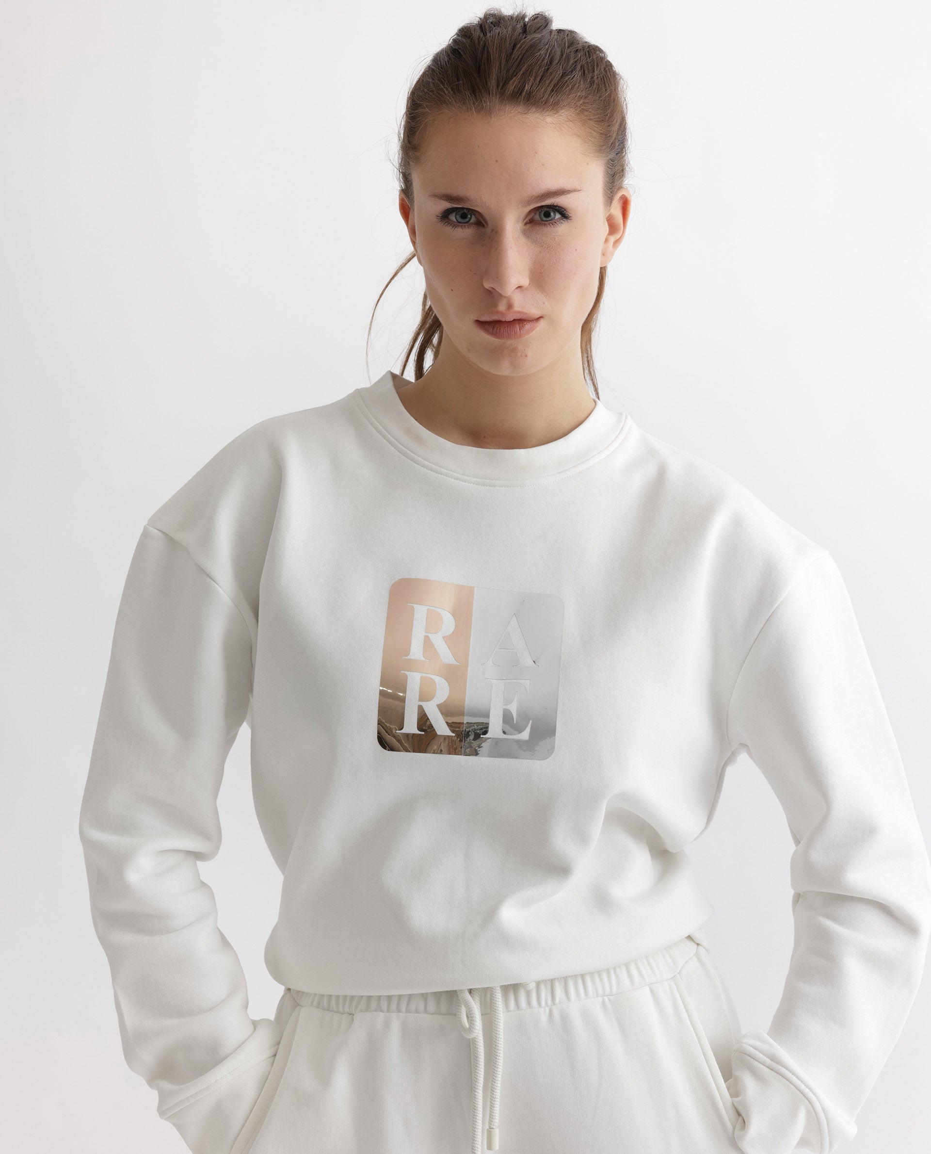 Rareism Women's Keith Off White Polyester Blend Crew Neck Graphic Print Relaxed Fit Sweatshirt
