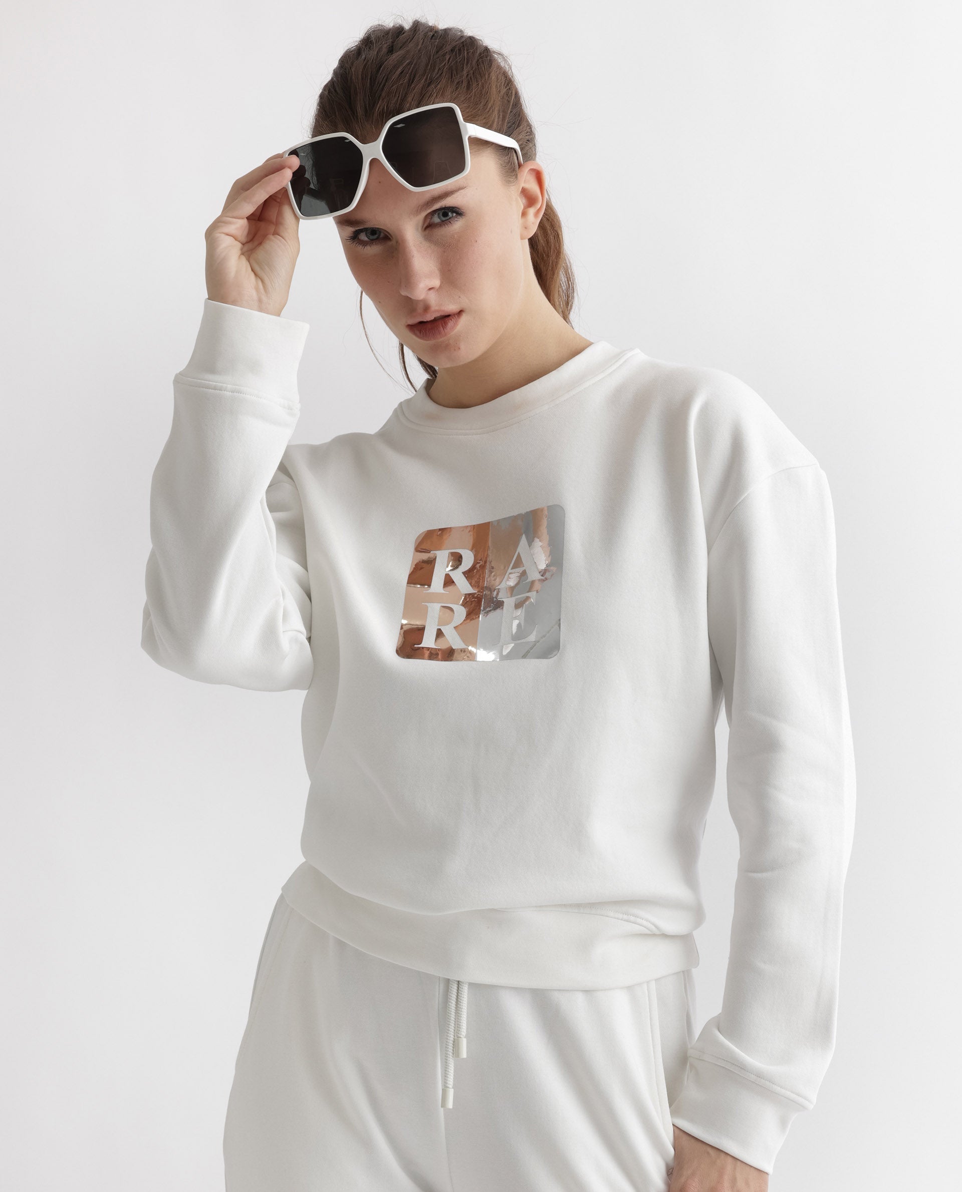 Rareism Women's Keith Off White Polyester Blend Crew Neck Graphic Print Relaxed Fit Sweatshirt