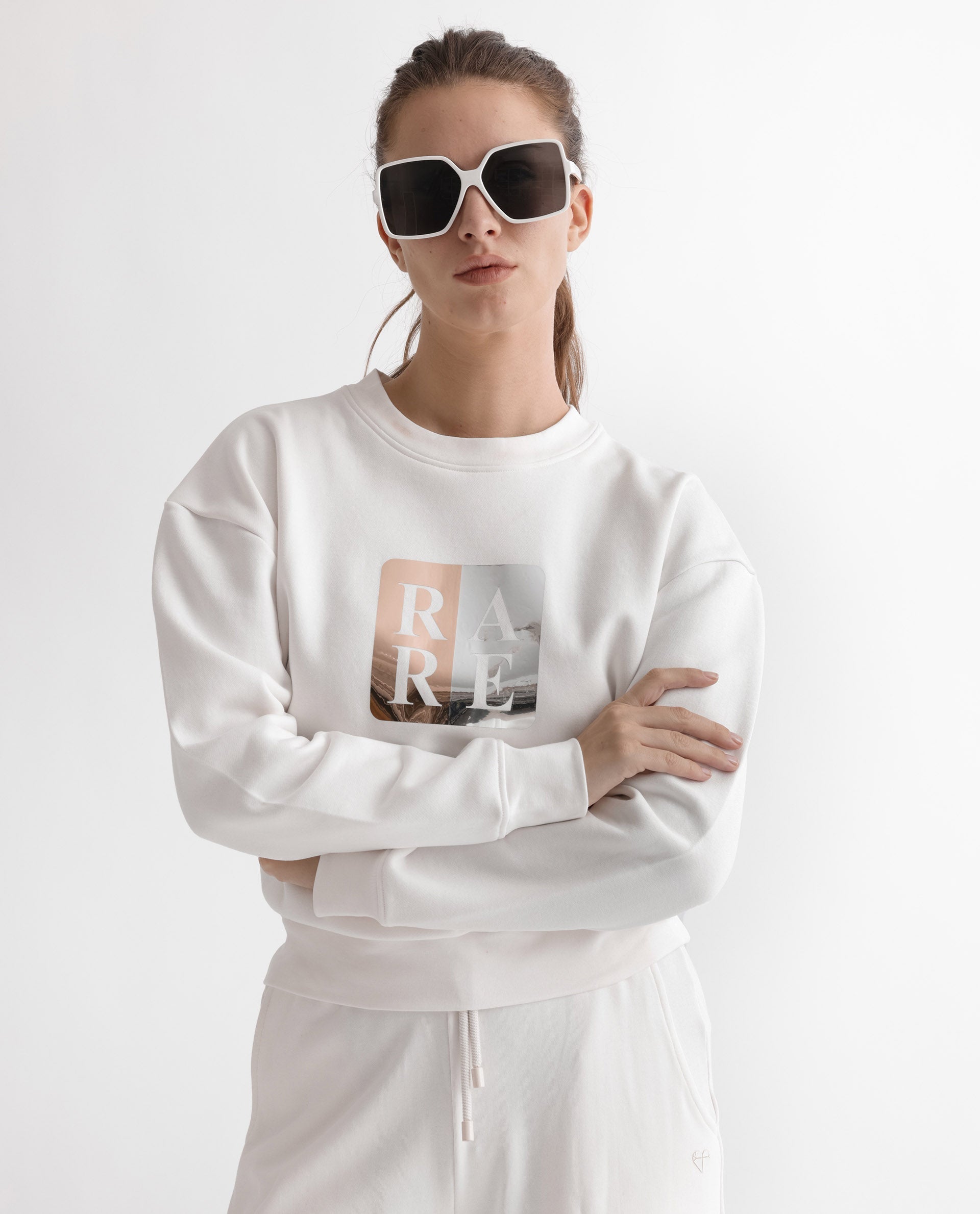 Rareism Women's Keith Off White Polyester Blend Crew Neck Graphic Print Relaxed Fit Sweatshirt