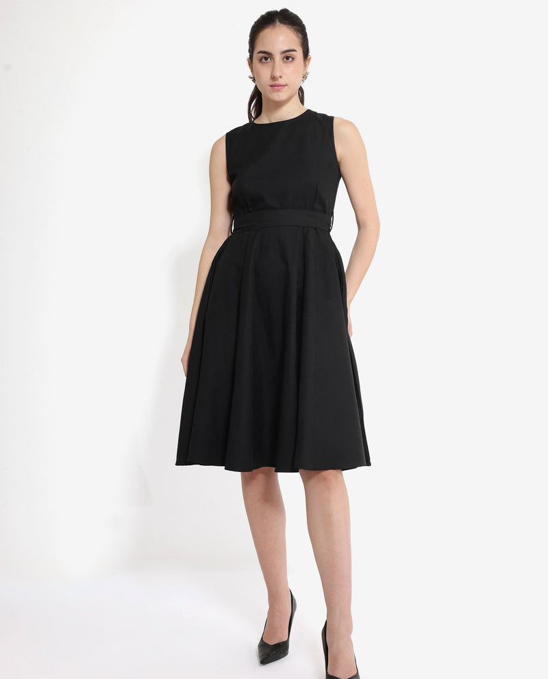 Rareism Women Mulana Black Sleeveless Round Neck Zipper A-Line Plain Midi Dress