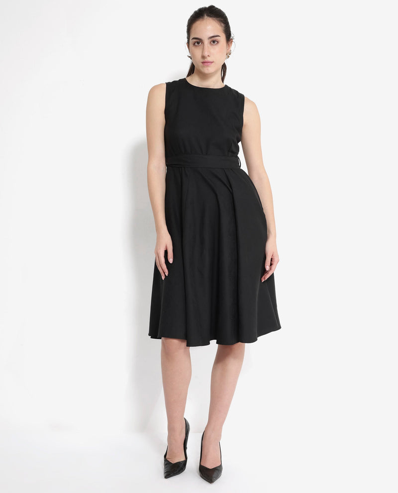 Rareism Women Mulana Black Sleeveless Round Neck Zipper A-Line Plain Midi Dress