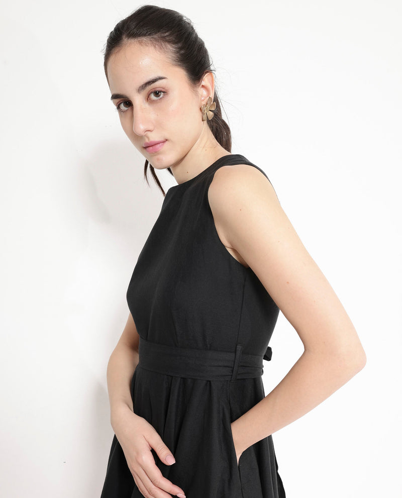 Rareism Women Mulana Black Sleeveless Round Neck Zipper A-Line Plain Midi Dress