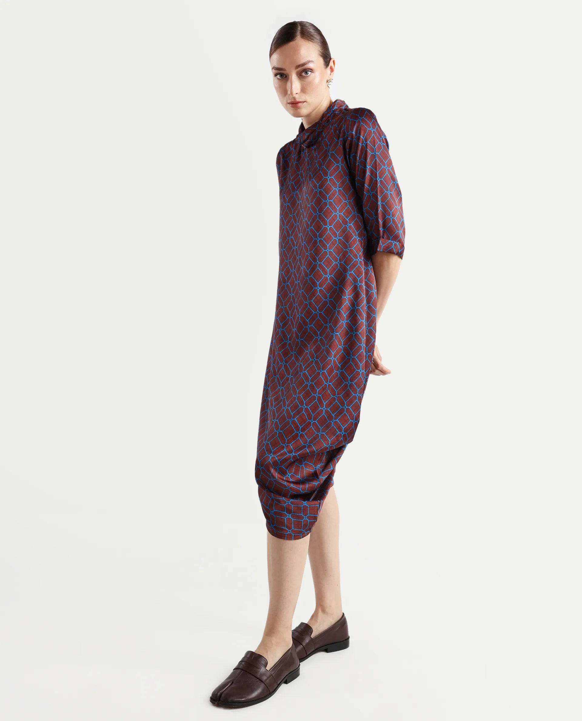 Rareism Women's Mullivio Brown Satin High Neck Geometric Print Midi Relaxed Fit Dress