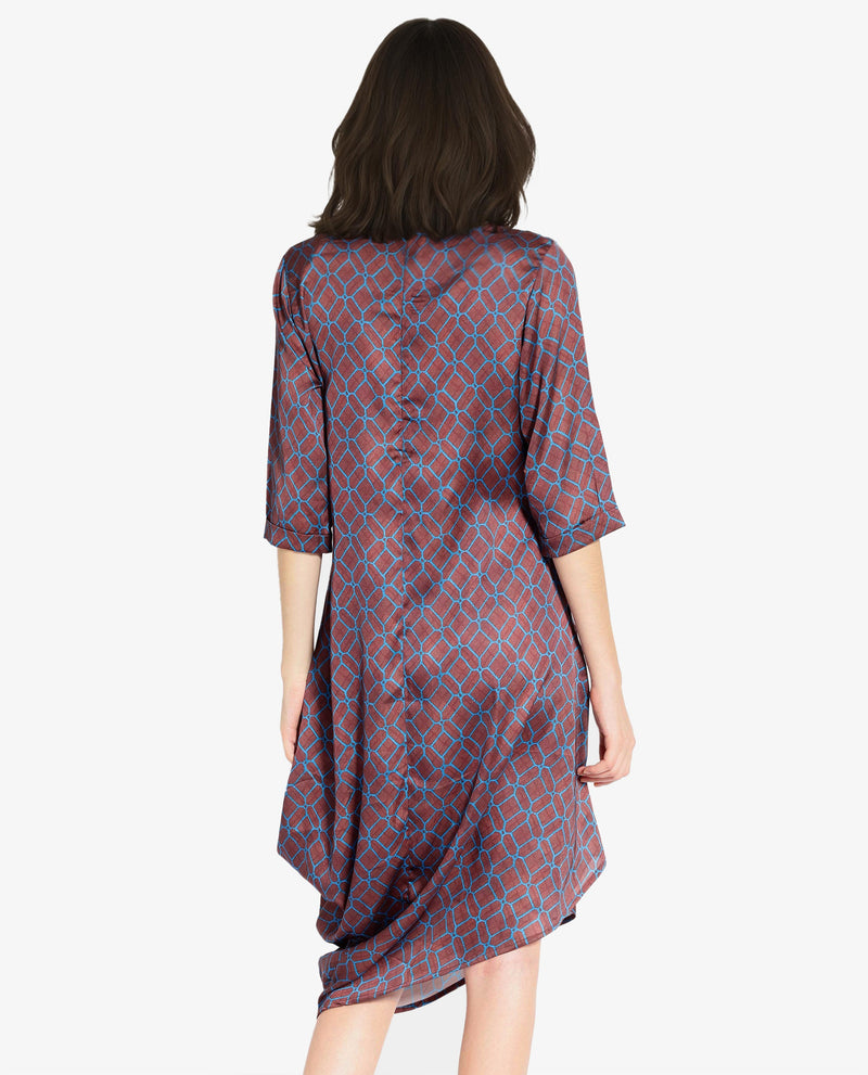 Rareism Women Mullivio Brown 3/4Th Sleeve High Neck Zipper Relaxed Fit Geometric Print Midi Dress