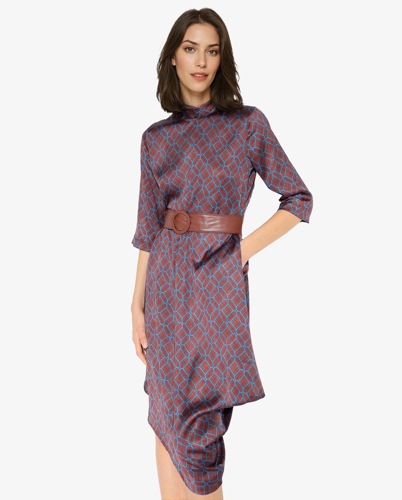 Rareism Women Mullivio Brown 3/4Th Sleeve High Neck Zipper Relaxed Fit Geometric Print Midi Dress